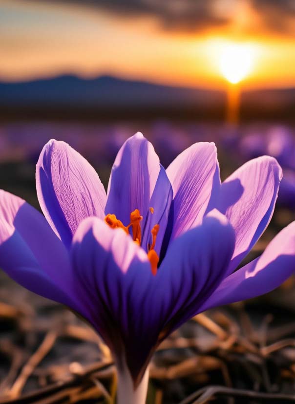 saffron flower in a field in sunset time